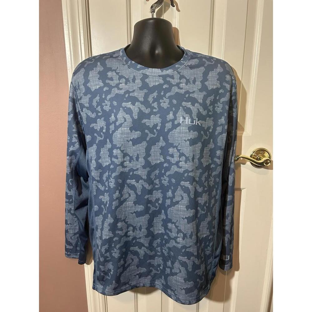 Huk Icon X Running Lakes Shirt Mens Large Performance Blue Camo Huk Fishing